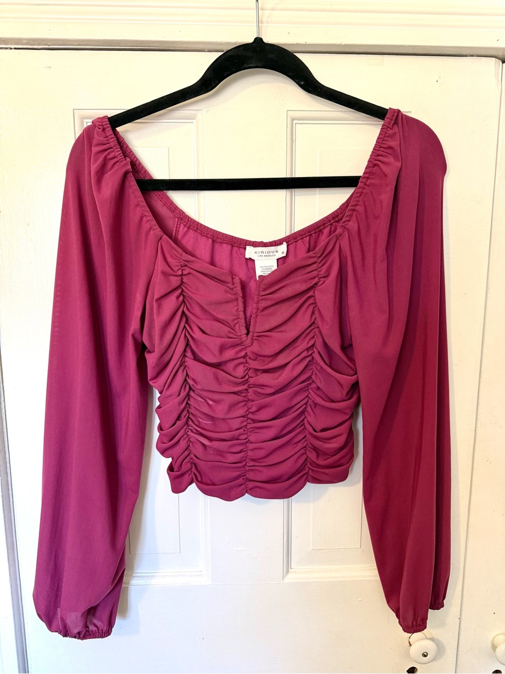 Ruched Long-Sleeve Crop Top in Magenta